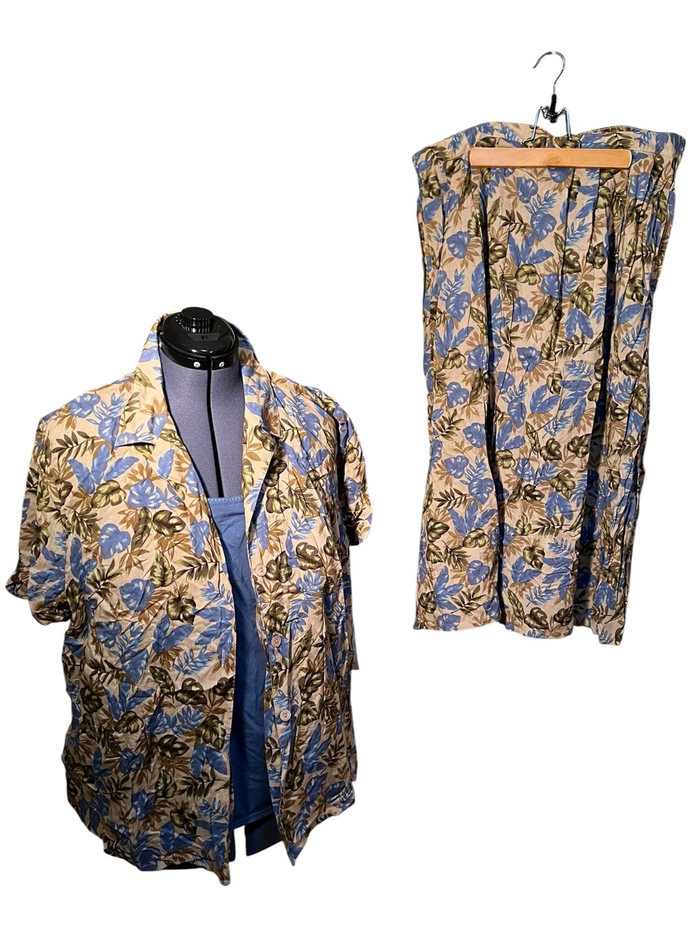 Vintage Sag Harbor Women’s Plus Size 1X Skirt Set Beige Blue Green Tropical Palm